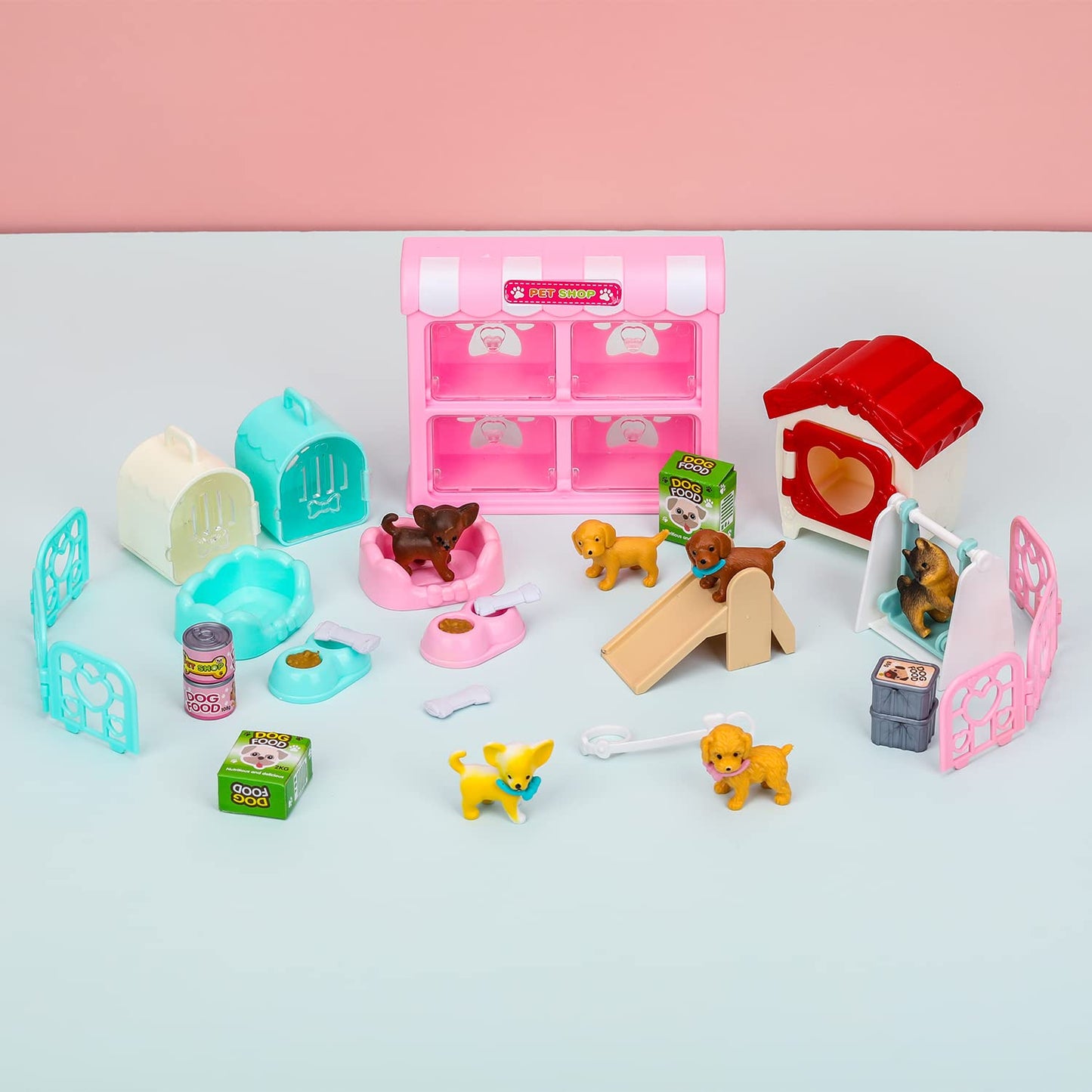 TQQFUN 32-Piece Dog Figures Play Set — Realistic Puppies & Pet Care Center for Imaginative Pretend Play