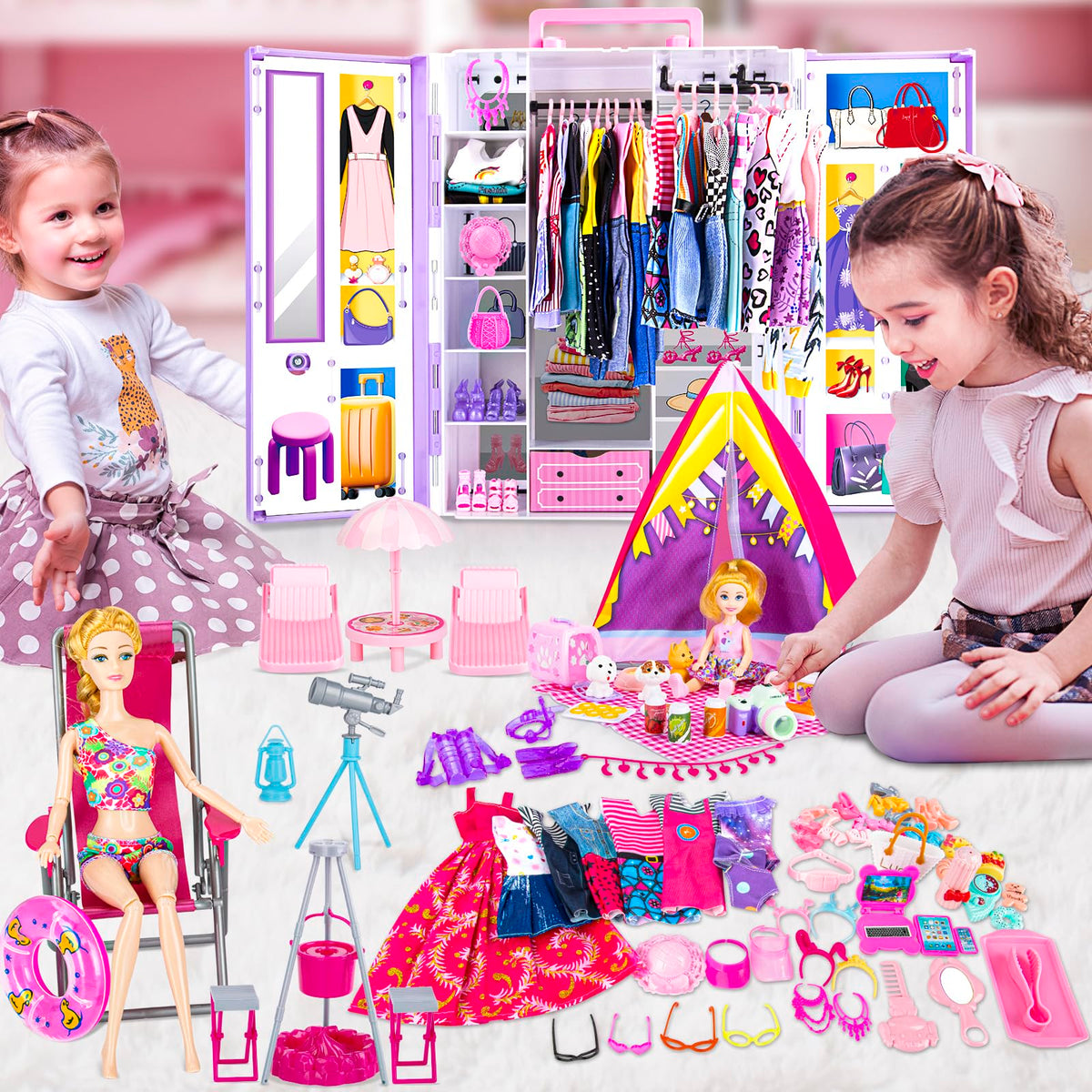 TQRAZ 164 Pcs Doll Closet & 11.5-Inch Doll Clothes Set | Camping, Princess Dresses, Beach & Diving Gear