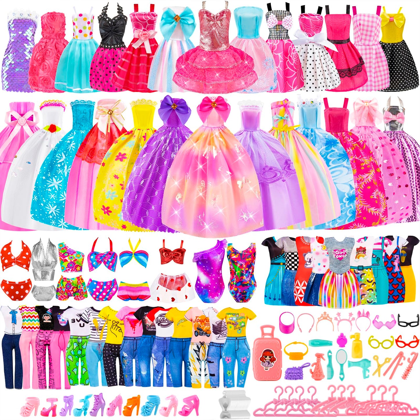 TQRAZ 110 Pcs Doll Clothes & Accessories Dress-Up Set for 11.5-Inch Dolls | Wedding, Casual, Swimwear, Hangers