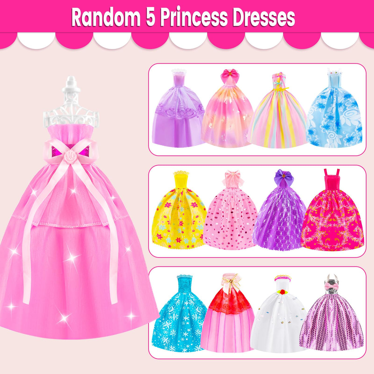 TQRAZ 137 Pcs Doll Closet Playset for 11.5-Inch Dolls – Princess & Fashion Dresses + Accessories