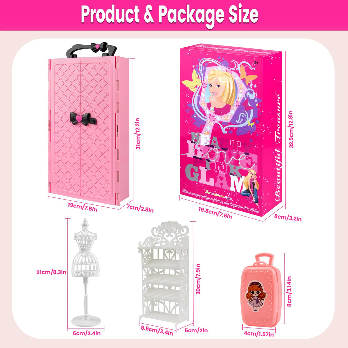 TQRAZ 137 Pcs Doll Closet Playset for 11.5-Inch Dolls – Princess & Fashion Dresses + Accessories