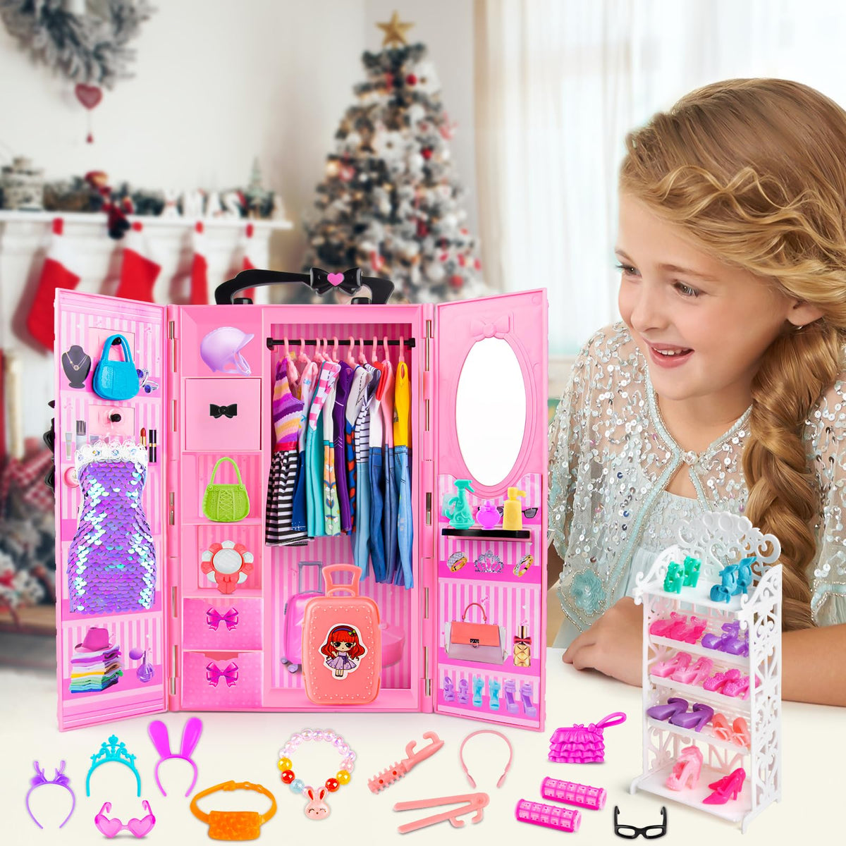 TQRAZ 137 Pcs Doll Closet Playset for 11.5-Inch Dolls – Princess & Fashion Dresses + Accessories