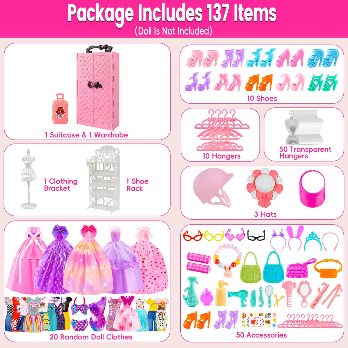 TQRAZ 137 Pcs Doll Closet Playset for 11.5-Inch Dolls – Princess & Fashion Dresses + Accessories