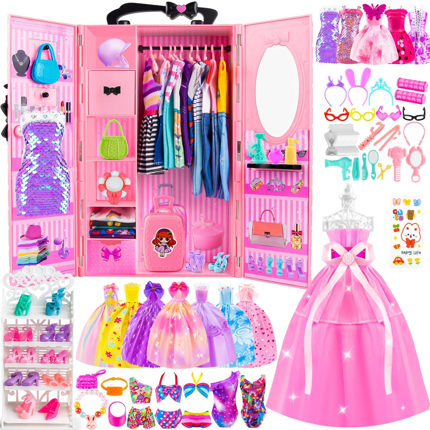 TQRAZ 137 Pcs Doll Closet Playset for 11.5-Inch Dolls – Princess & Fashion Dresses + Accessories