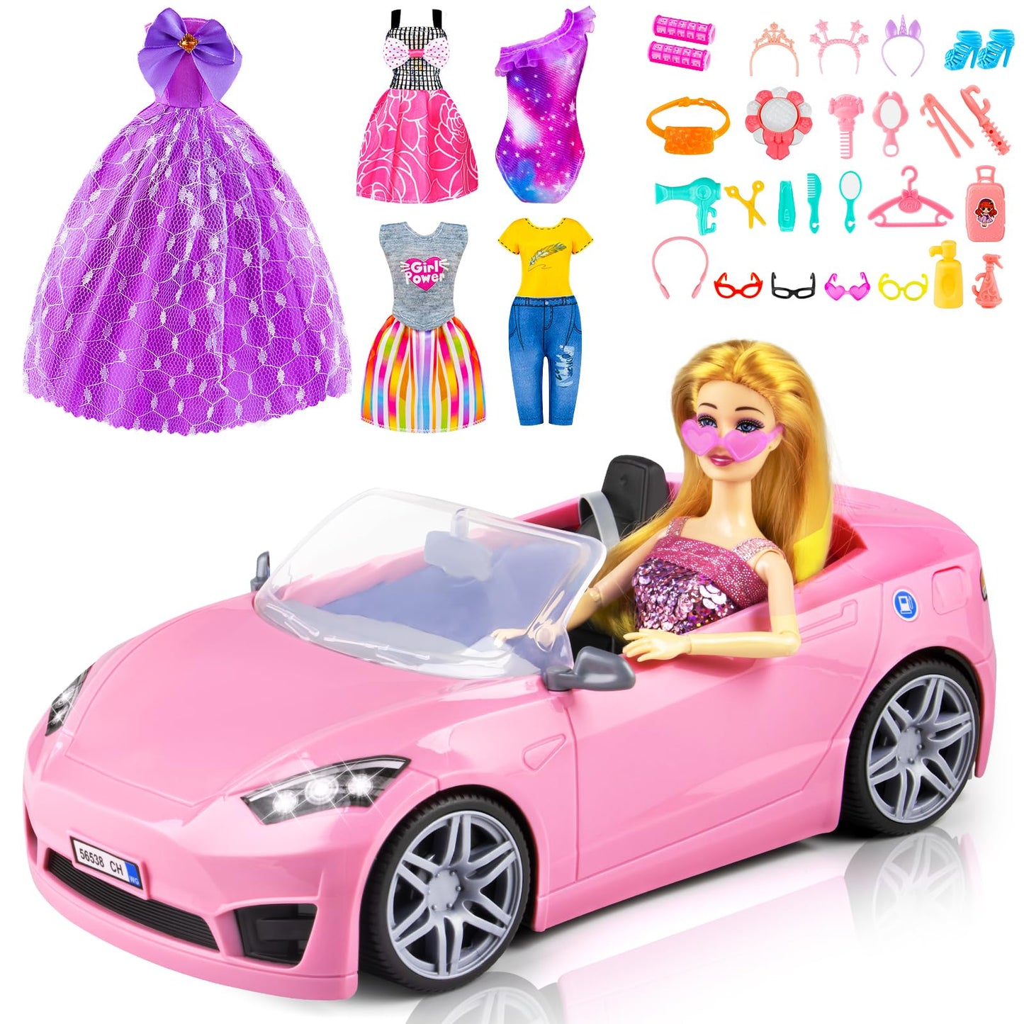 TQRAZ 76 Pcs Doll Playset with Convertible Car – 11.5-Inch Doll, Dresses & Accessories