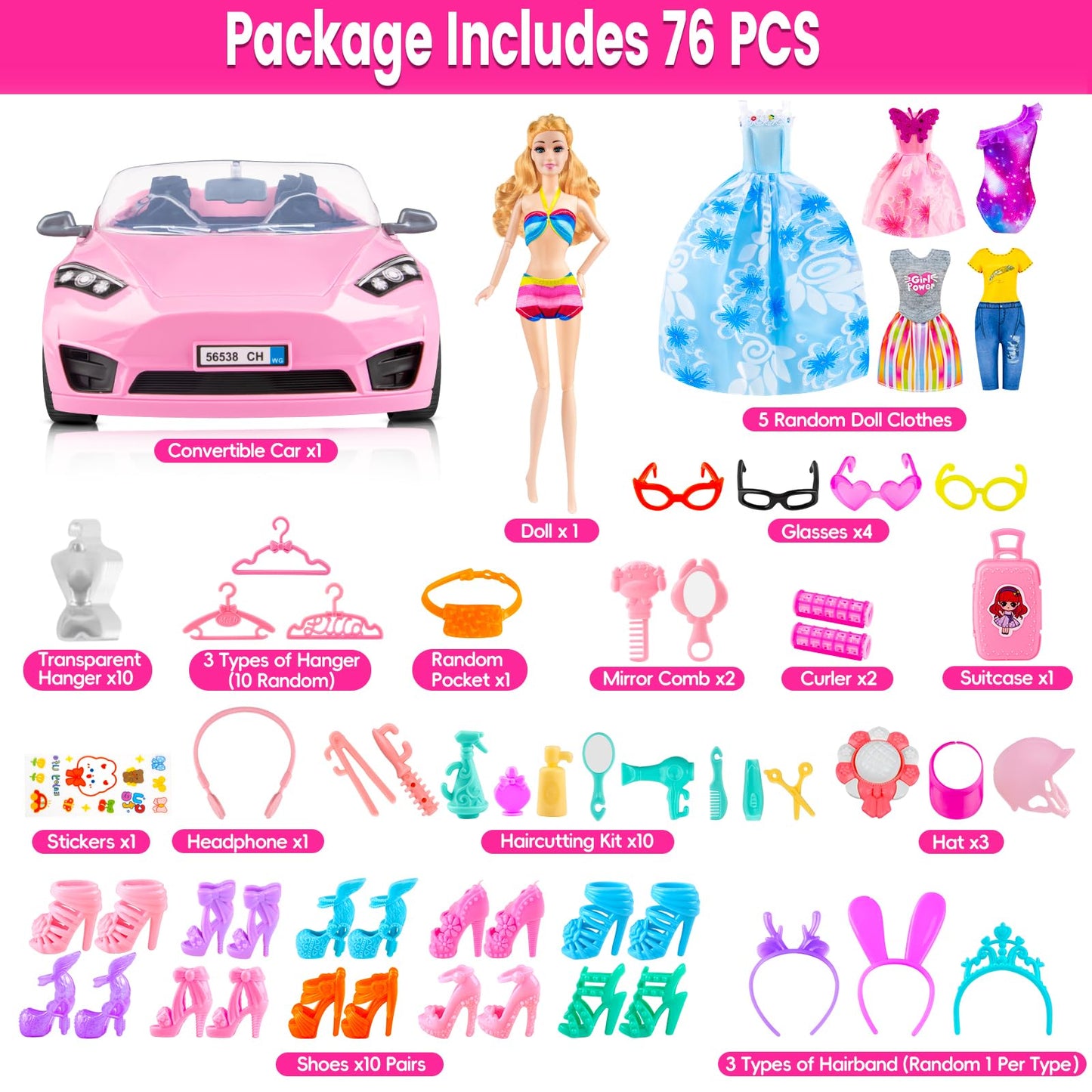 TQRAZ 76 Pcs Doll Playset with Convertible Car – 11.5-Inch Doll, Dresses & Accessories