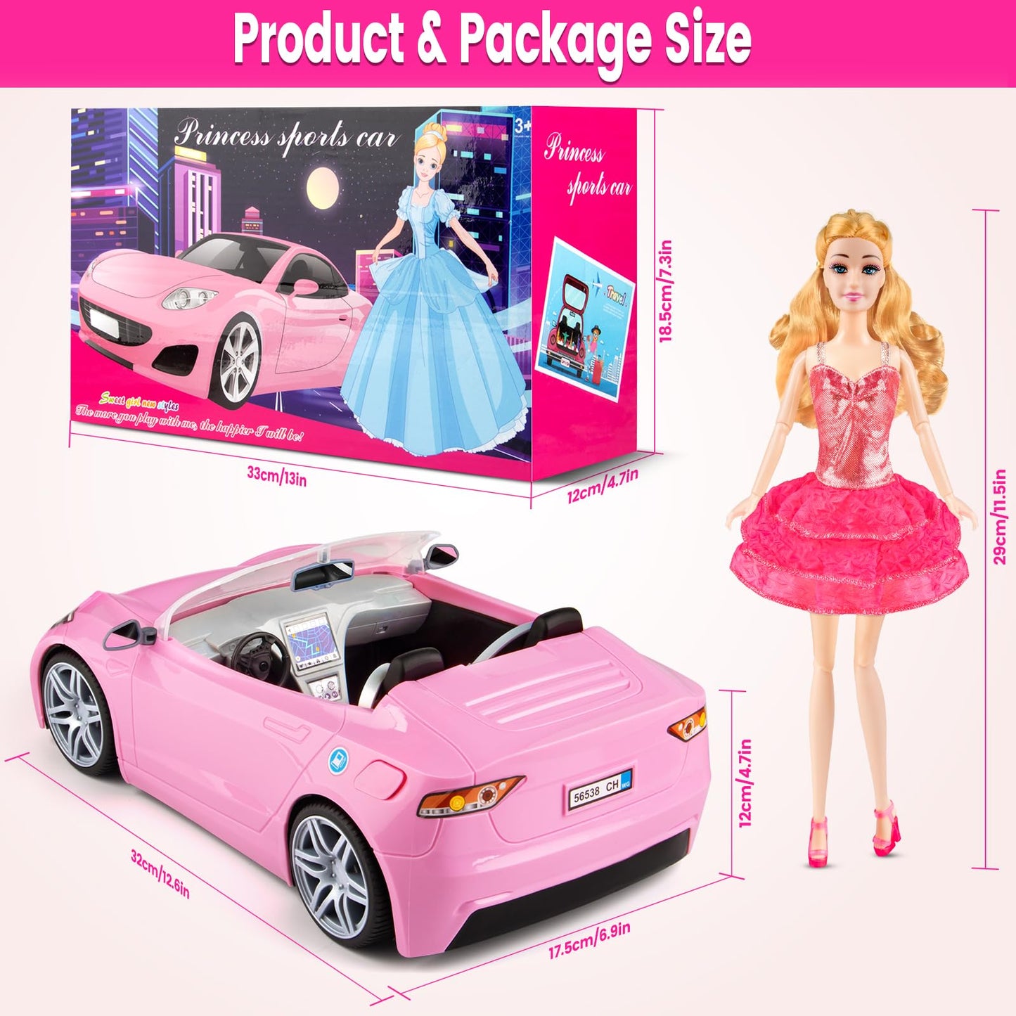 TQRAZ 76 Pcs Doll Playset with Convertible Car – 11.5-Inch Doll, Dresses & Accessories