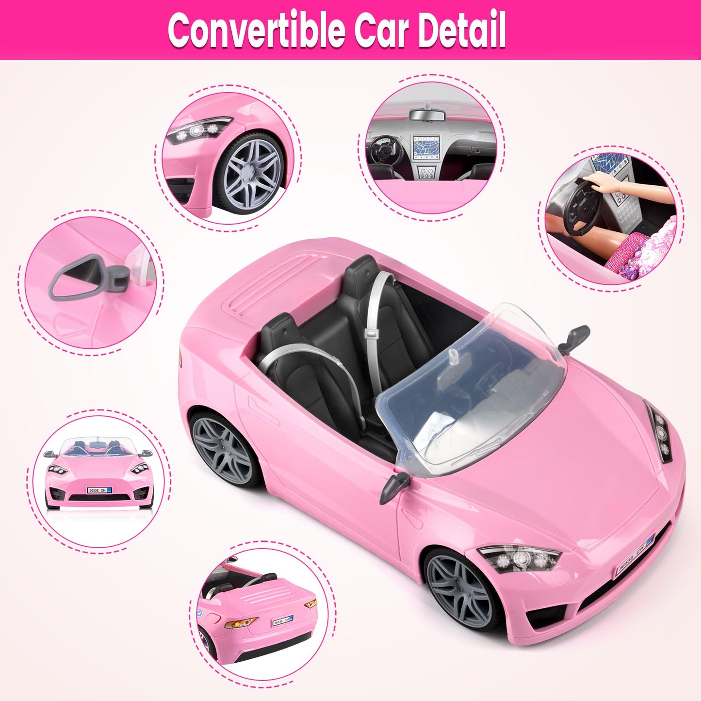 TQRAZ 76 Pcs Doll Playset with Convertible Car – 11.5-Inch Doll, Dresses & Accessories