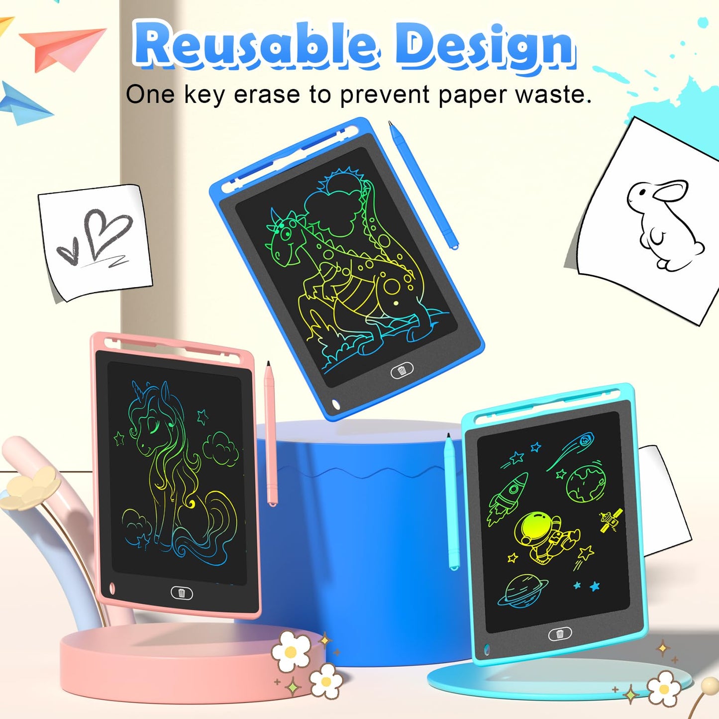 TQU 3 Pack LCD Writing Tablet for Kids – 8.5 Inch Colorful Doodle Board (3-Pack)