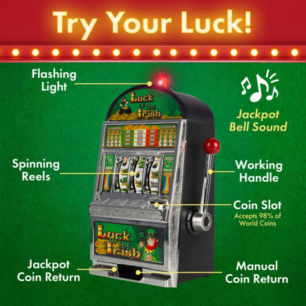 Trademark Poker Real Slot Machine Bank – Luck of the Irish with Jackpot Sounds & 98% World Coin Acceptance