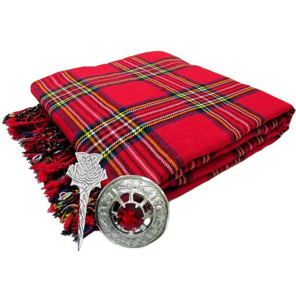 Traditional Scottish Highland Acrylic Wool Tartan Fly Plaids 48" with Brooch & Pin