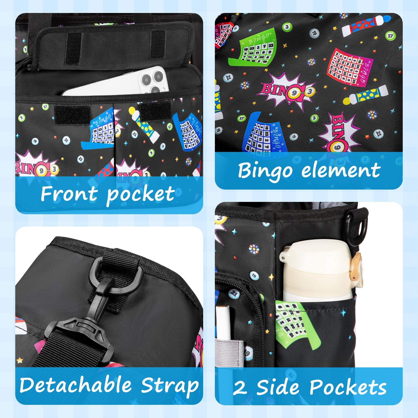 Trahzia Bingo Bag with Pockets – Durable Black Tote for Bingo Game Accessories