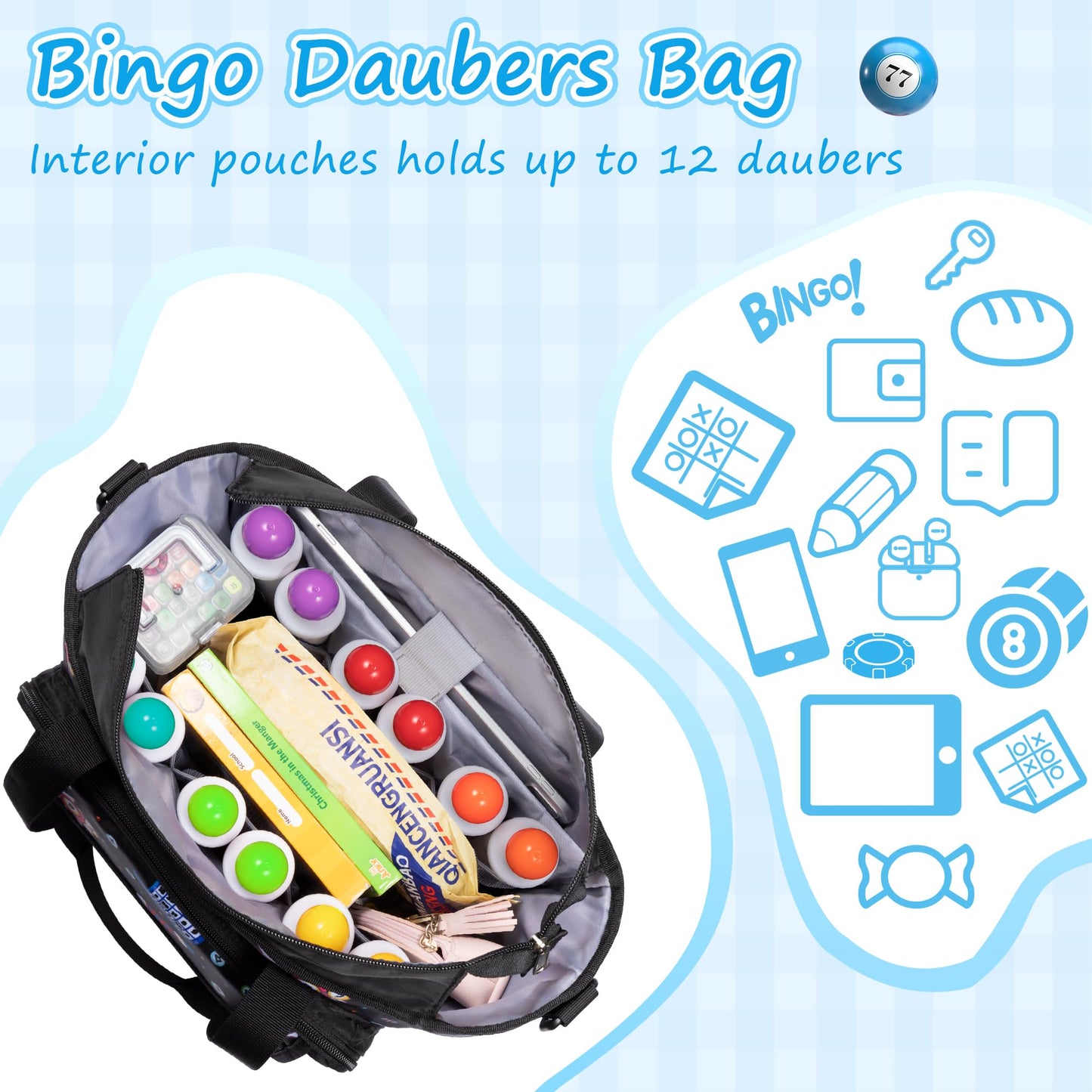 Trahzia Bingo Bag with Pockets – Durable Black Tote for Bingo Game Accessories