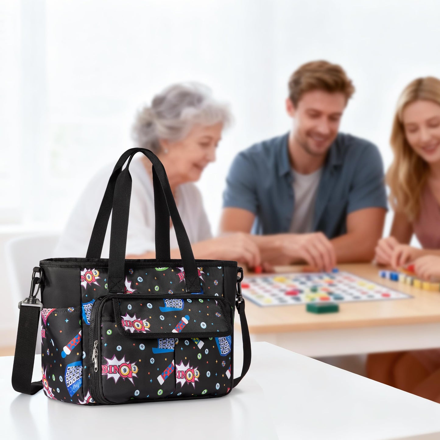 Trahzia Bingo Bag with Pockets – Durable Black Tote for Bingo Game Accessories