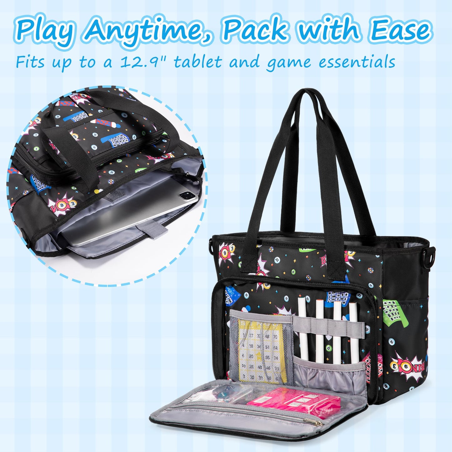 Trahzia Bingo Bag with Pockets – Durable Black Tote for Bingo Game Accessories