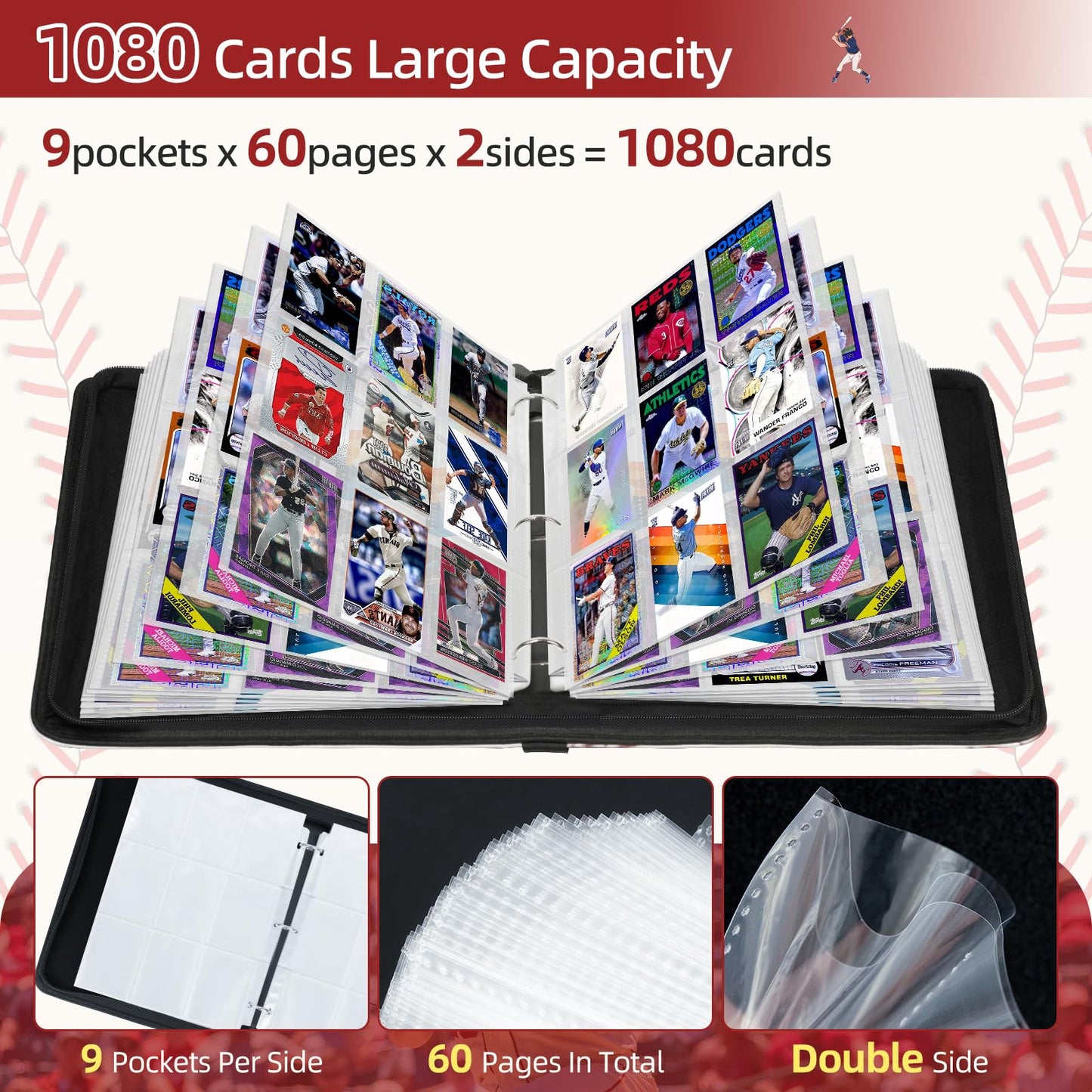Traier 1080 Pockets Baseball Card Binder – 60 Removable Sleeves, 3-Ring, Top Loader