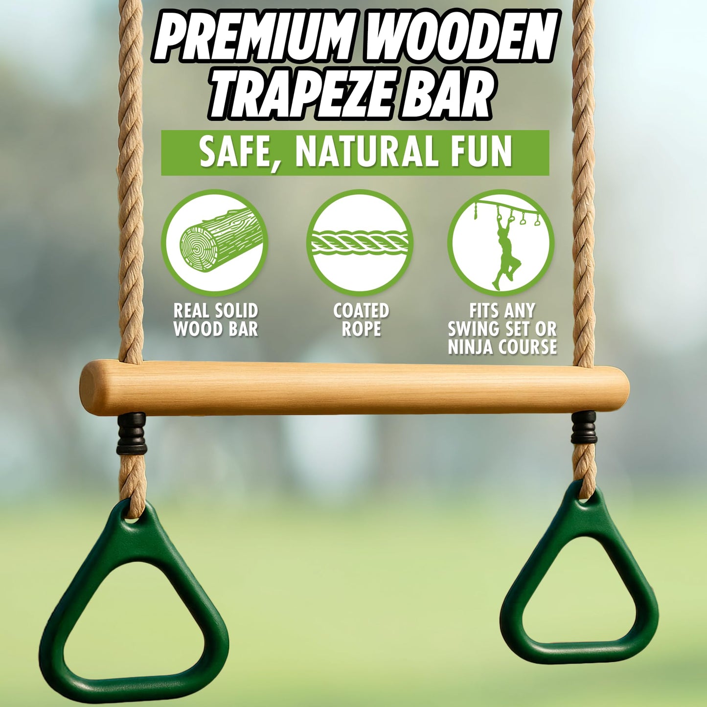 Trailblaze Wooden Trapeze Swing Bar for Kids — 18 inch Adjustable Height, Monkey Bars, Rings & Jungle Gym Attachments