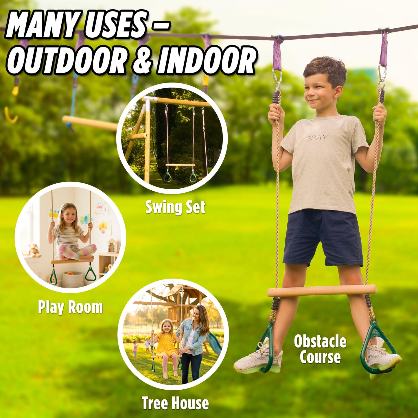Trailblaze Wooden Trapeze Swing Bar for Kids — 18 inch Adjustable Height, Monkey Bars, Rings & Jungle Gym Attachments