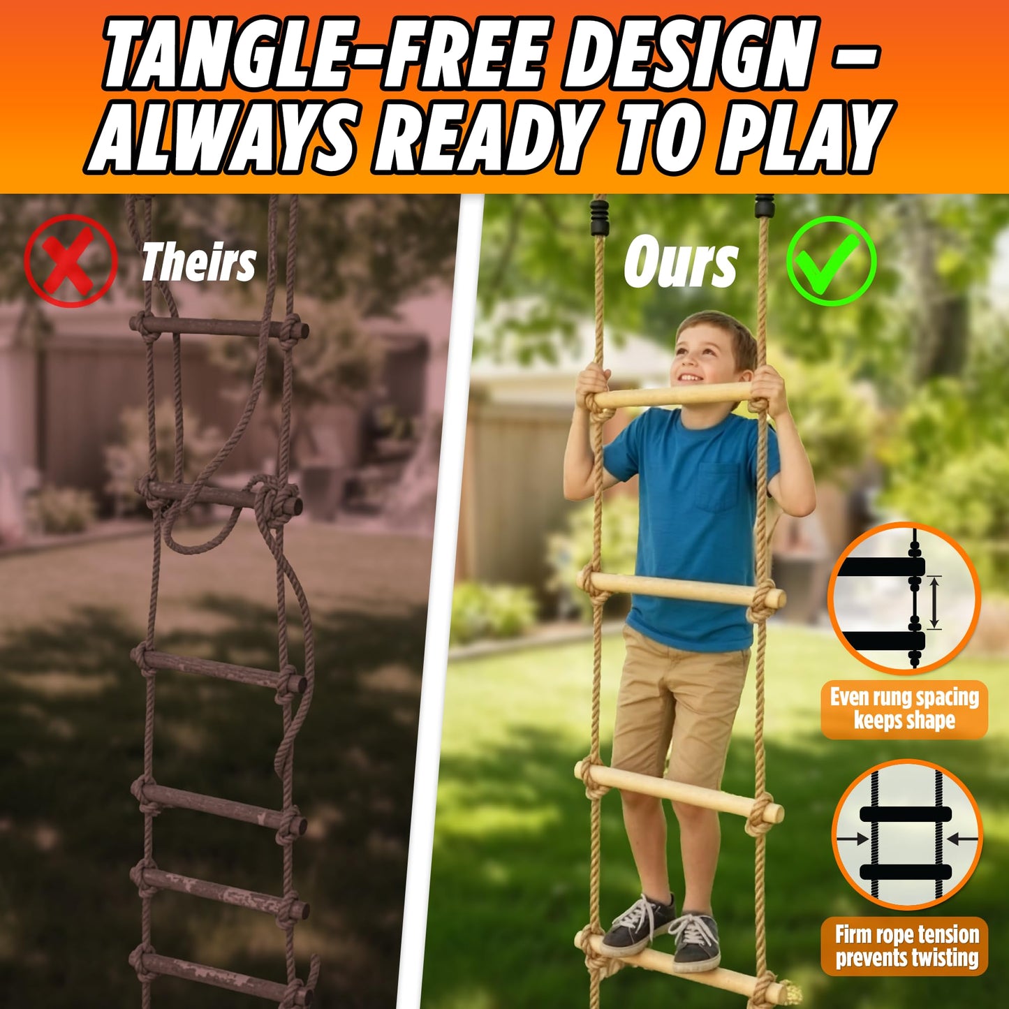 Trailblaze Wooden Rope Ladder for Kids – 6ft Outdoor Climbing Ladder