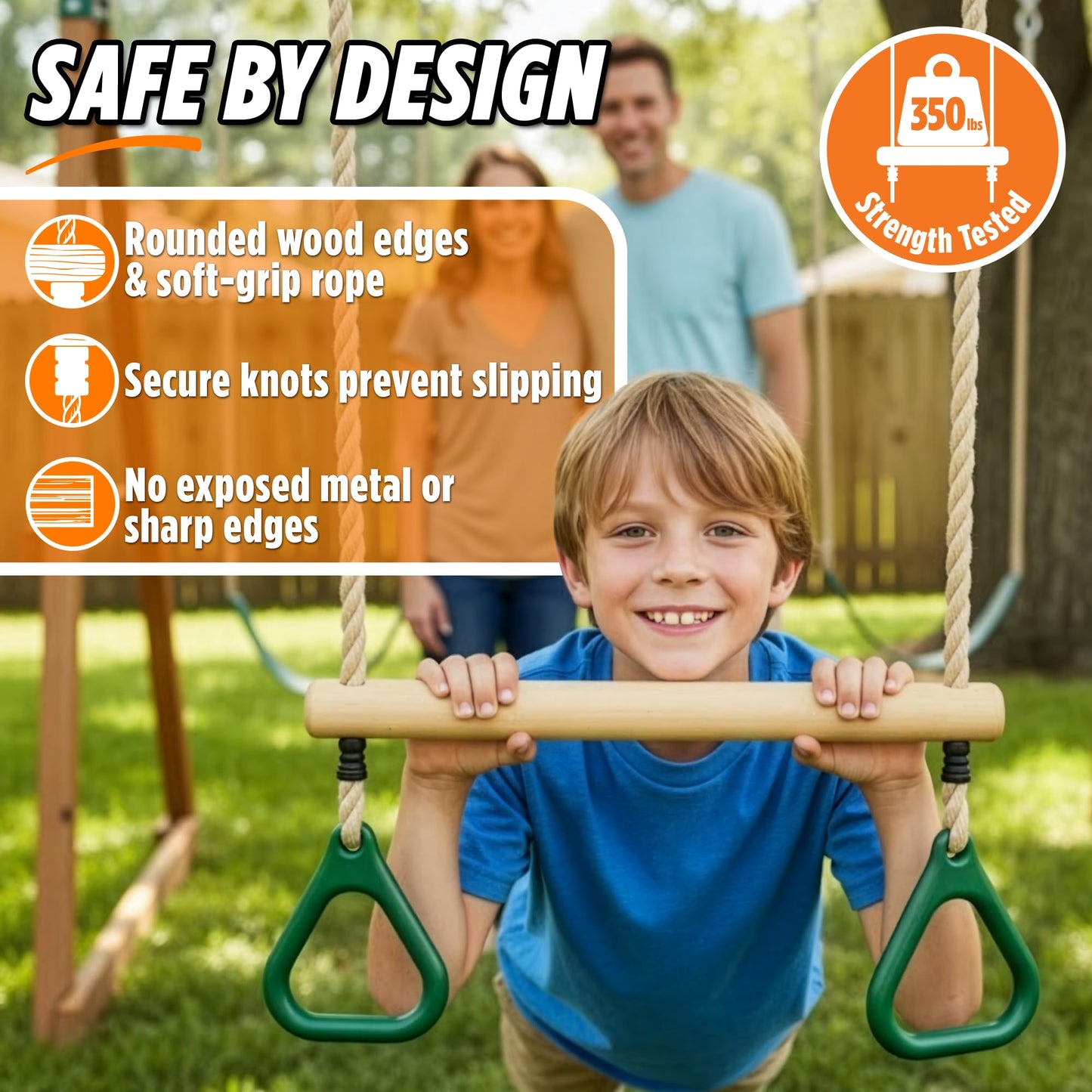 Trailblaze Wooden Trapeze Swing Bar for Kids — 18 inch Adjustable Height, Monkey Bars, Rings & Jungle Gym Attachments
