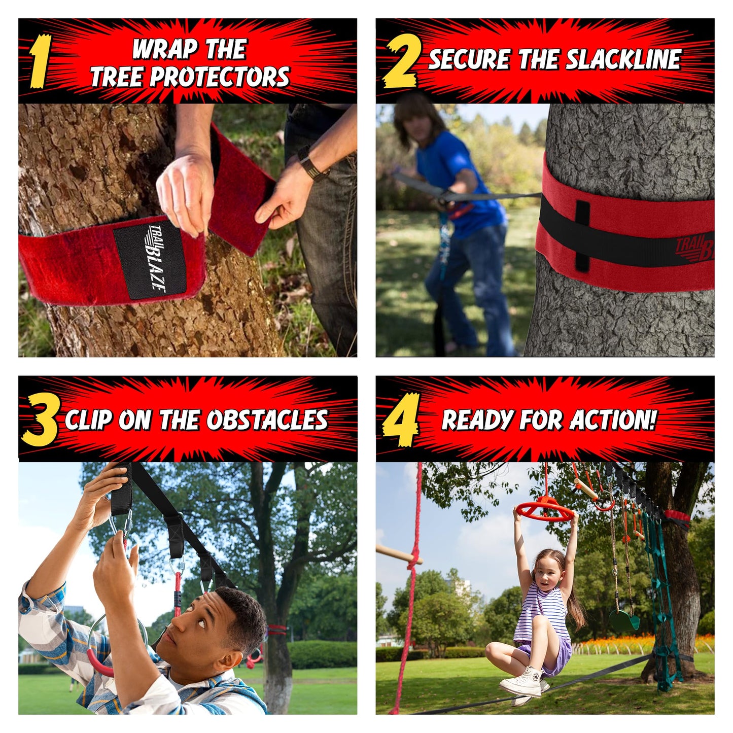 Trailblaze Ninja Warrior Obstacle Course for Kids – 50 ft Slackline & 8 Obstacles