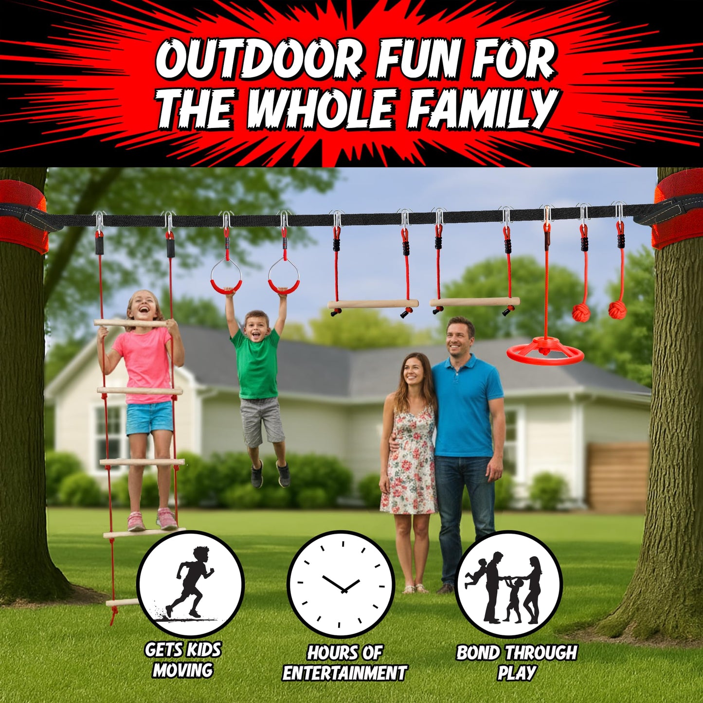 Trailblaze Ninja Warrior Obstacle Course for Kids – 50 ft Slackline & 8 Obstacles