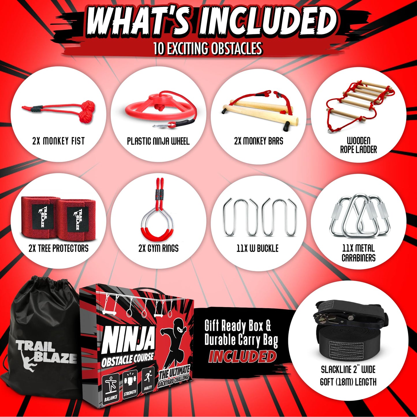 Trailblaze Ninja Warrior Obstacle Course for Kids – 50 ft Slackline & 8 Obstacles