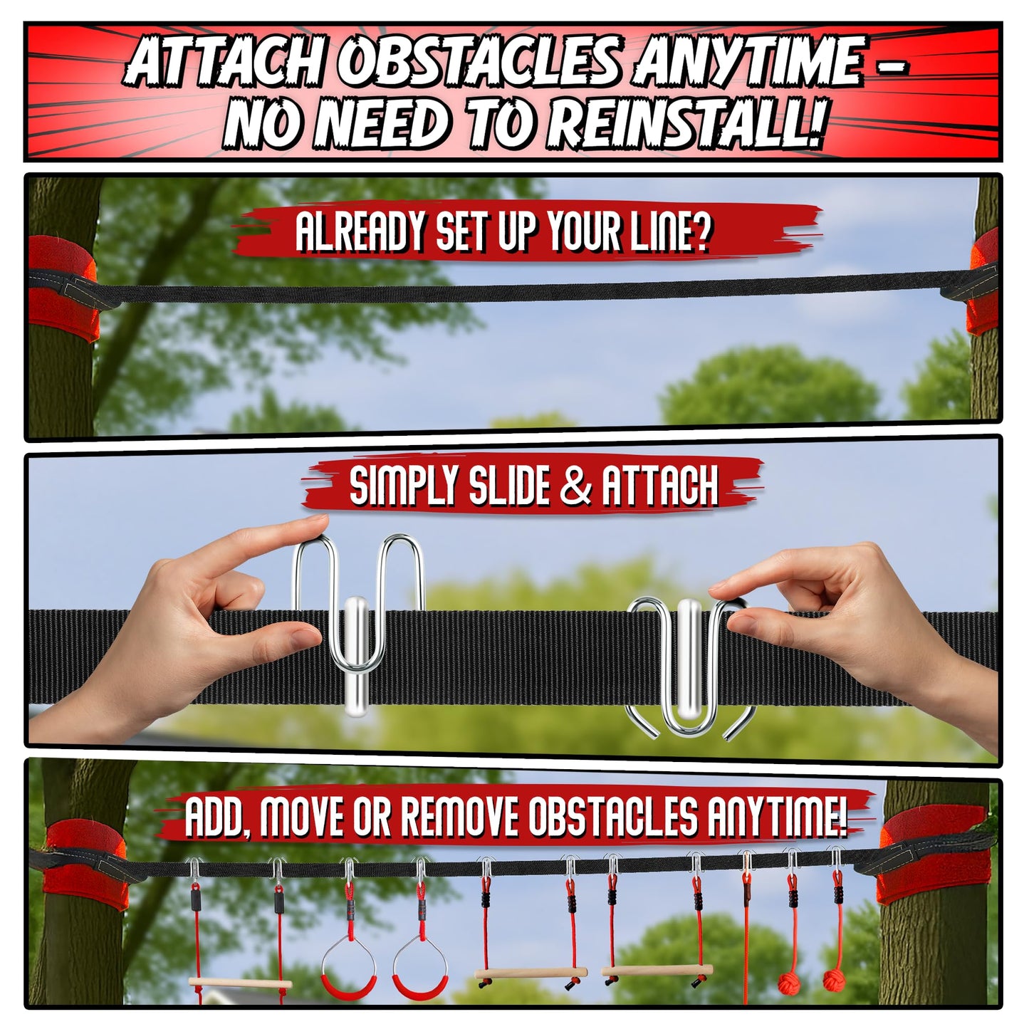 Trailblaze Ninja Warrior Obstacle Course for Kids – 50 ft Slackline & 8 Obstacles