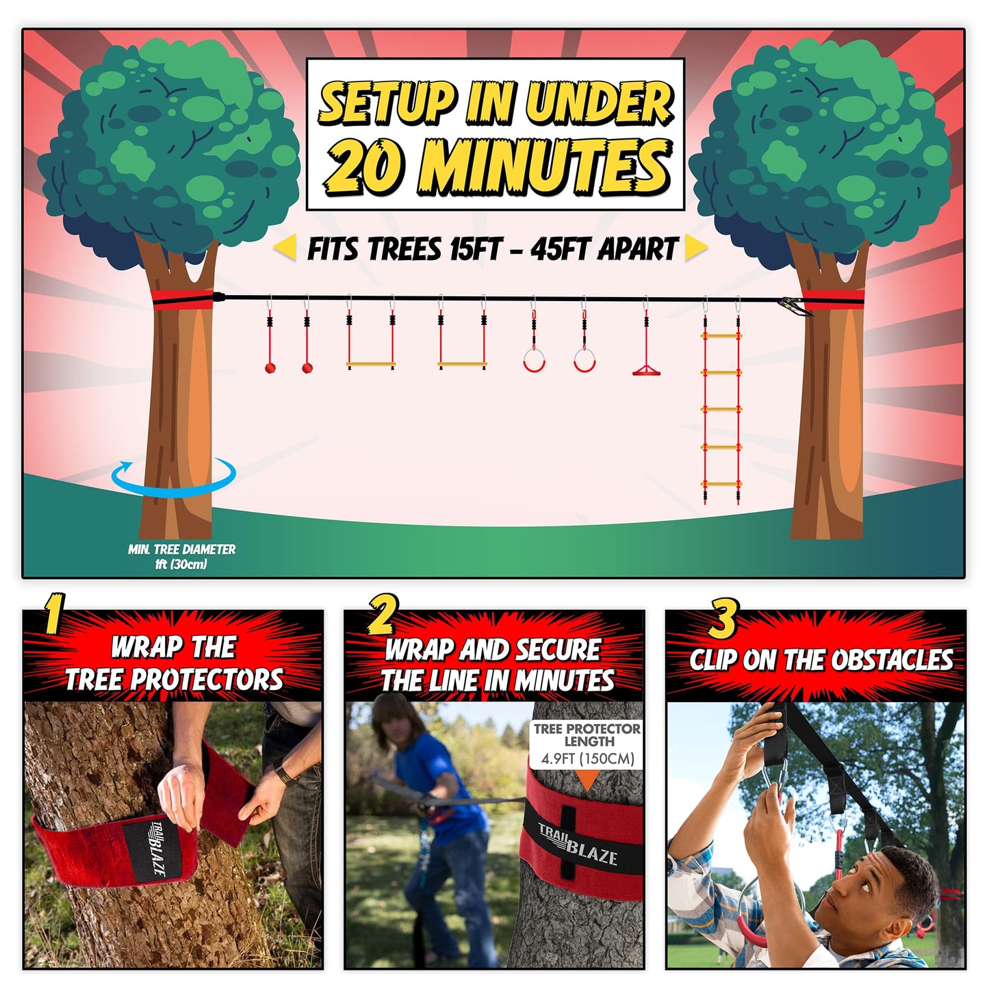 Trailblaze Ninja Warrior Obstacle Course for Kids – 50 ft Slackline & 8 Obstacles