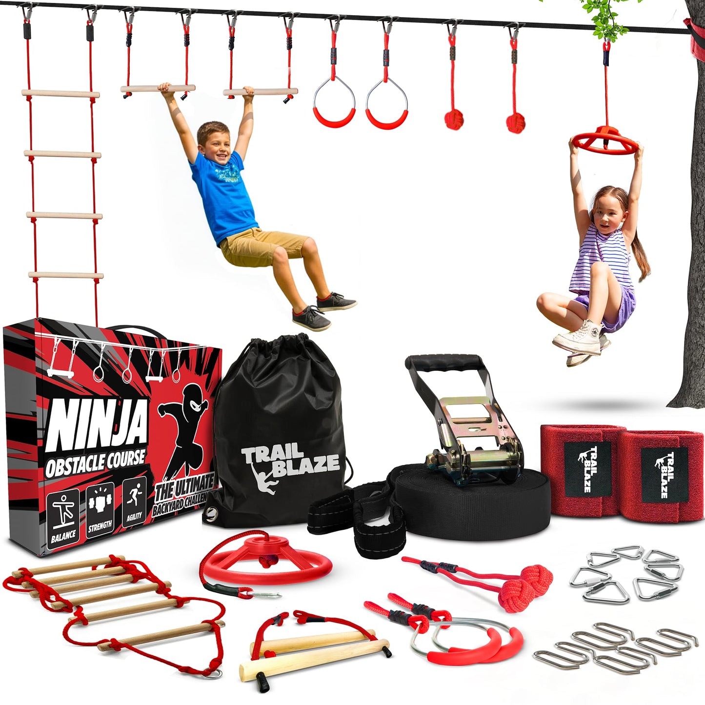 Trailblaze Ninja Warrior Obstacle Course for Kids – 50 ft Slackline & 8 Obstacles