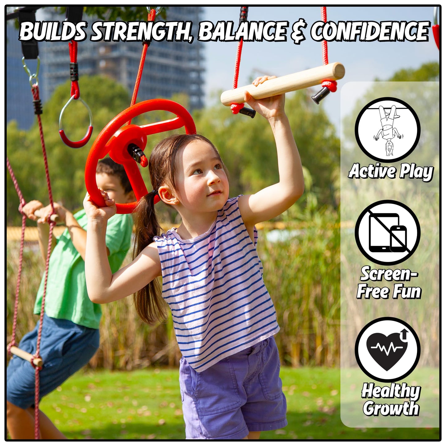 Trailblaze Ninja Warrior Obstacle Course for Kids – 50 ft Slackline & 8 Obstacles