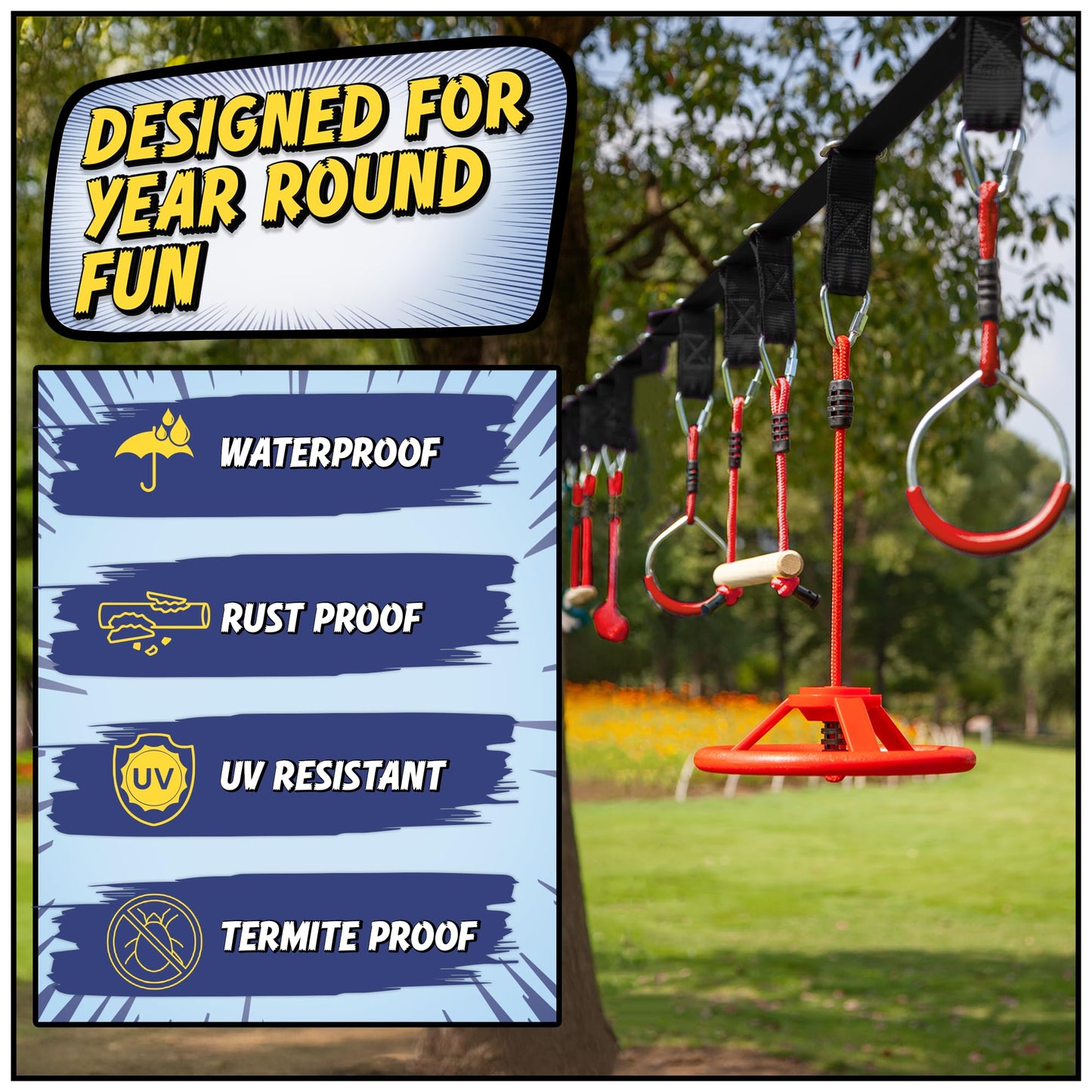Trailblaze Ninja Warrior Obstacle Course for Kids – 50 ft Slackline & 8 Obstacles