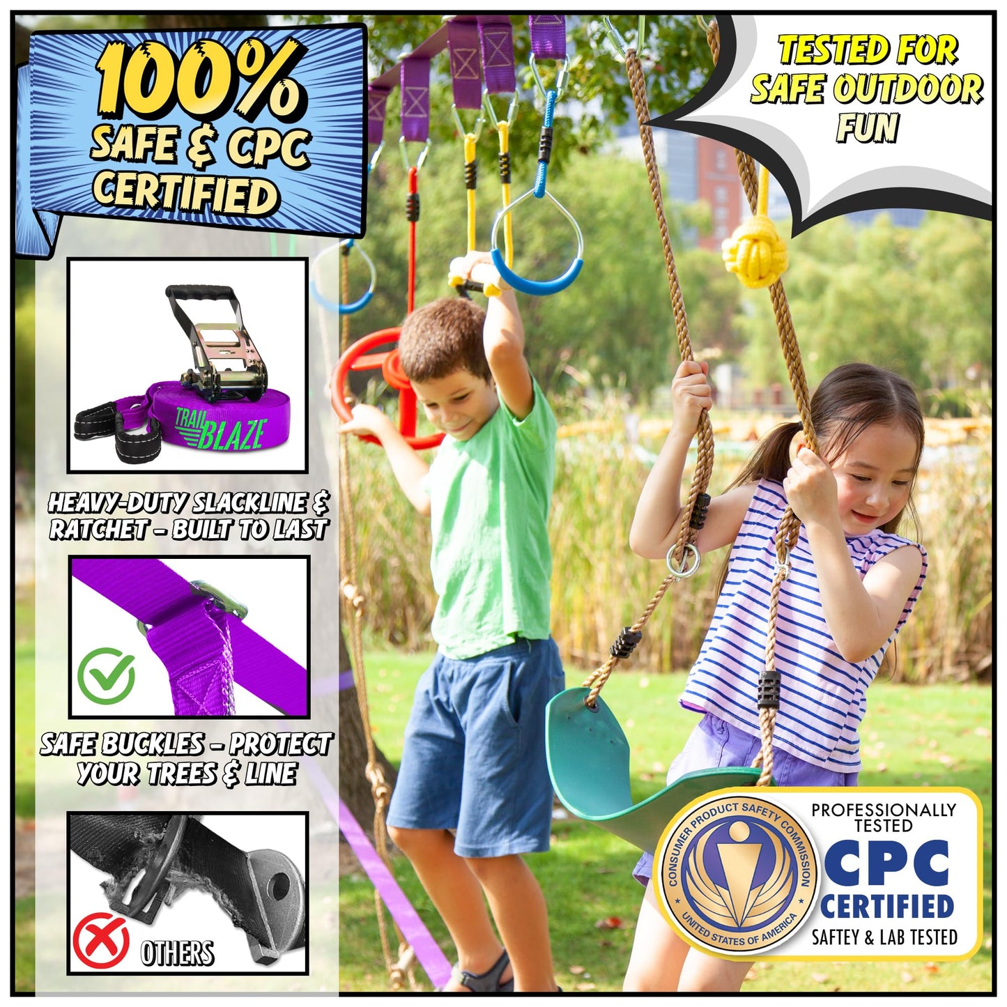 Trailblaze Ninja Warrior Obstacle Course for Kids - 2x55 Ft Outdoor Ninja Slackline & Climbing Net