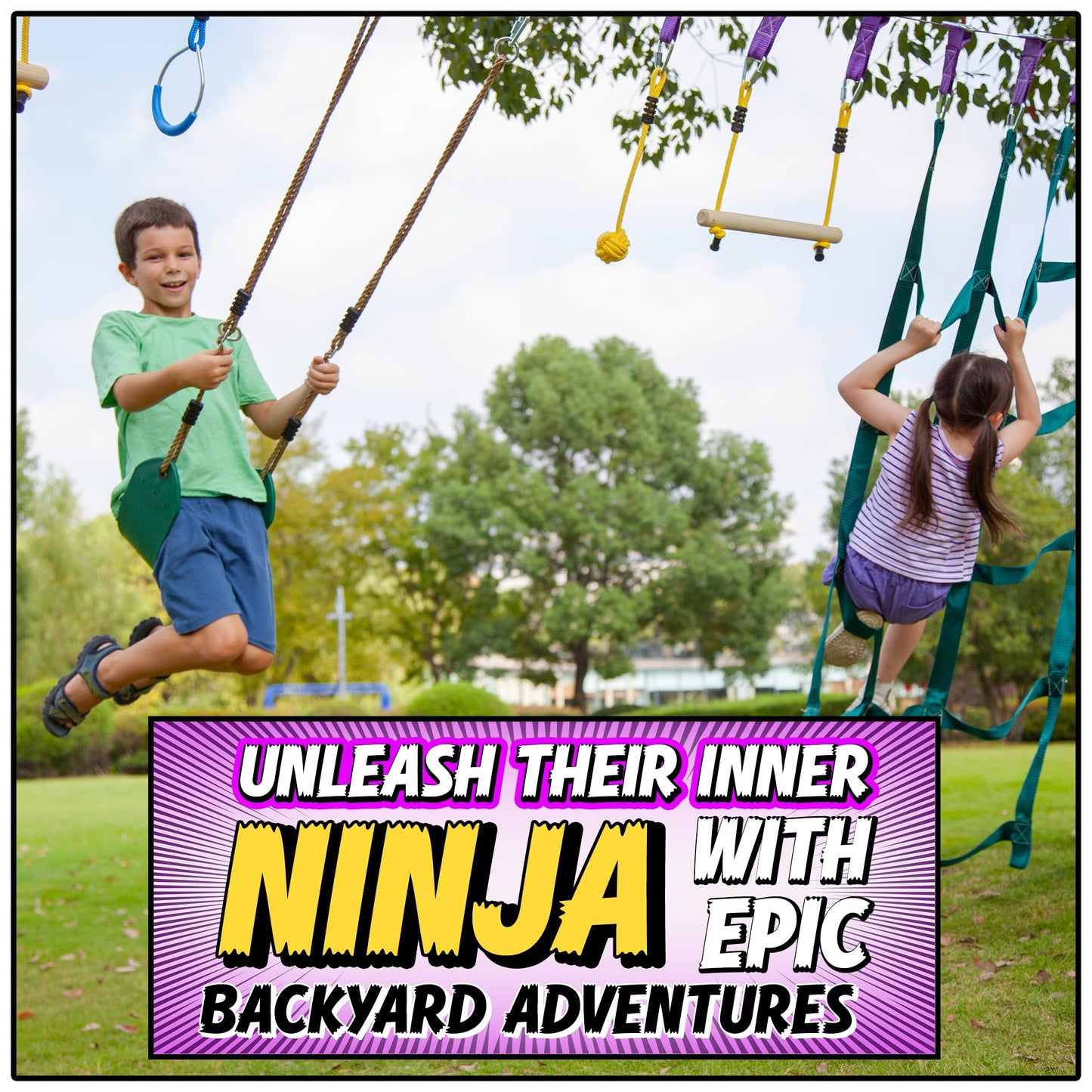 Trailblaze Ninja Warrior Obstacle Course for Kids - 2x55 Ft Outdoor Ninja Slackline & Climbing Net
