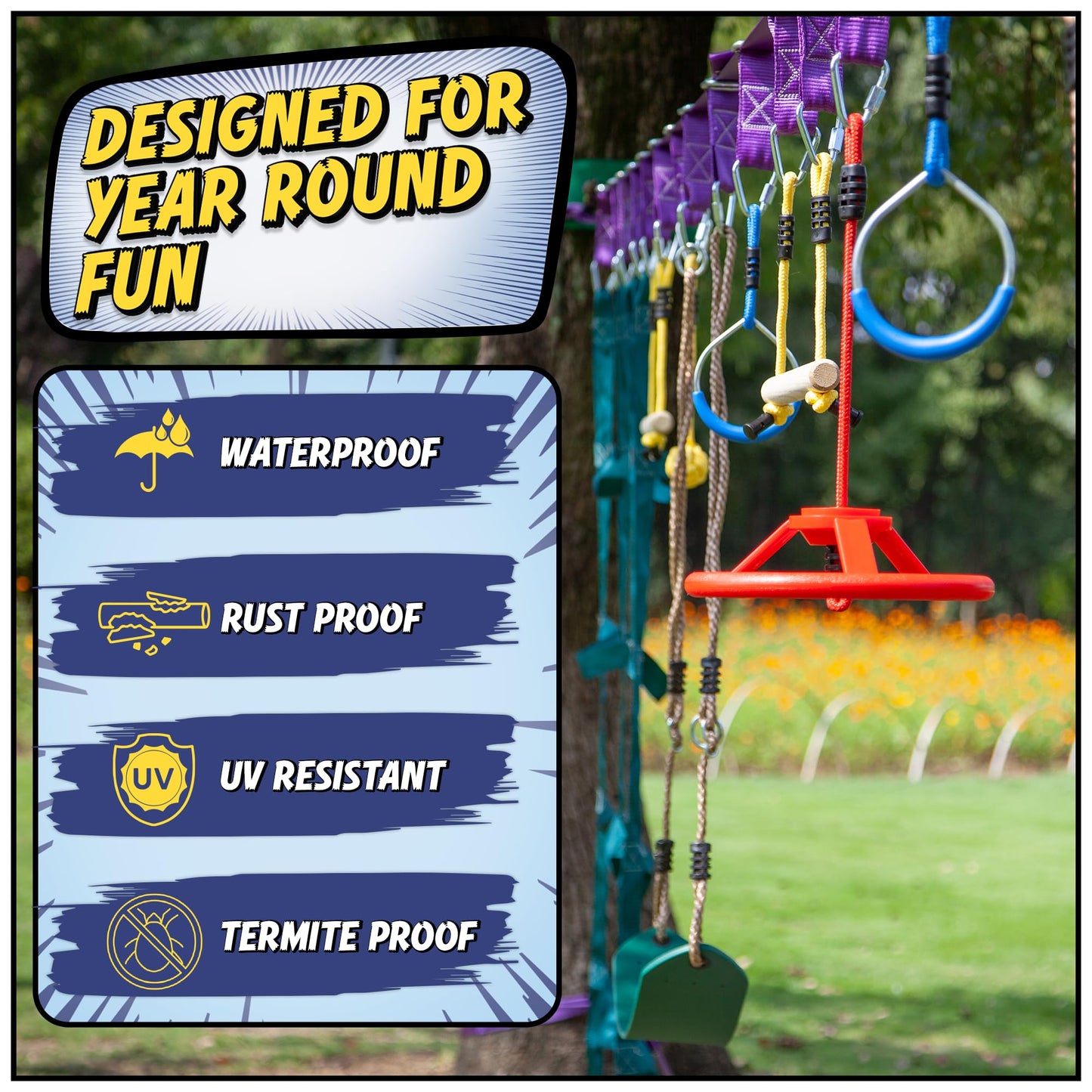 Trailblaze Ninja Warrior Obstacle Course for Kids - 2x55 Ft Outdoor Ninja Slackline & Climbing Net