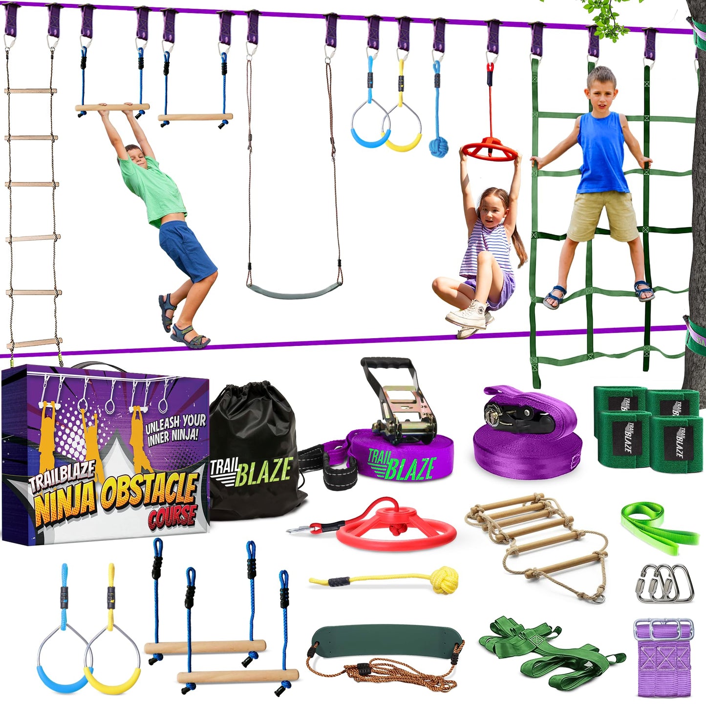 Trailblaze Ninja Warrior Obstacle Course for Kids - 2x55 Ft Outdoor Ninja Slackline & Climbing Net