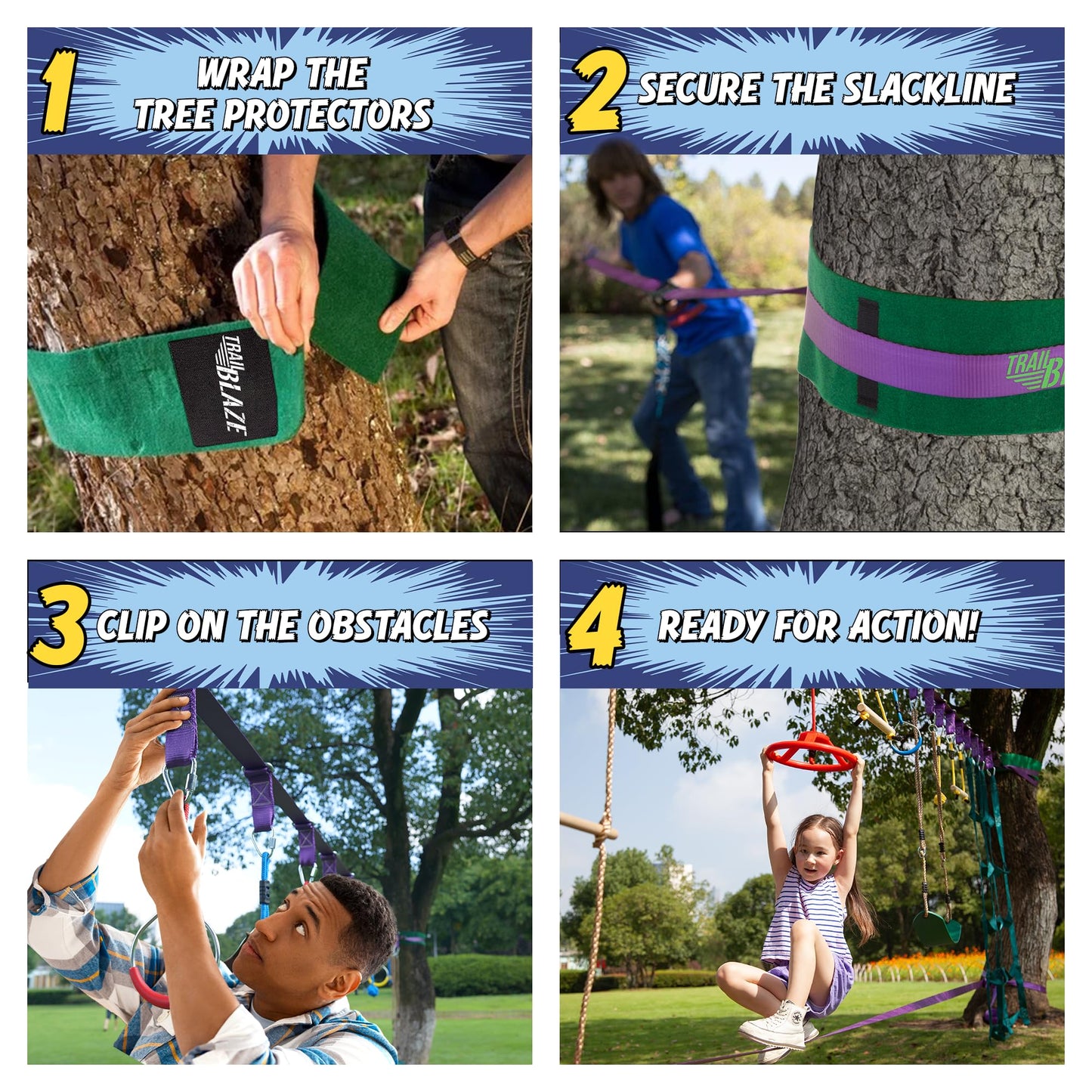 Trailblaze Ninja Warrior Obstacle Course for Kids - 2x55 Ft Outdoor Ninja Slackline & Climbing Net