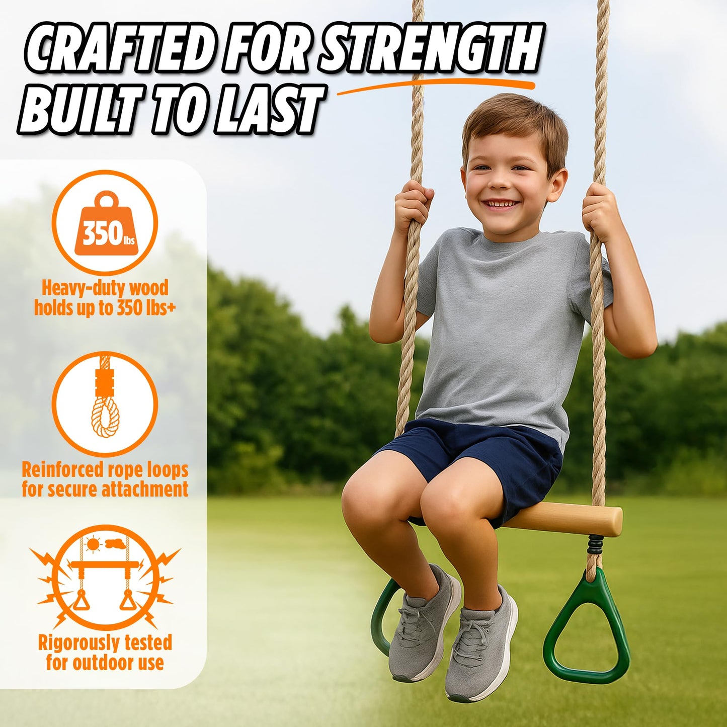 Trailblaze Wooden Trapeze Swing Bar for Kids — 18 inch Adjustable Height, Monkey Bars, Rings & Jungle Gym Attachments