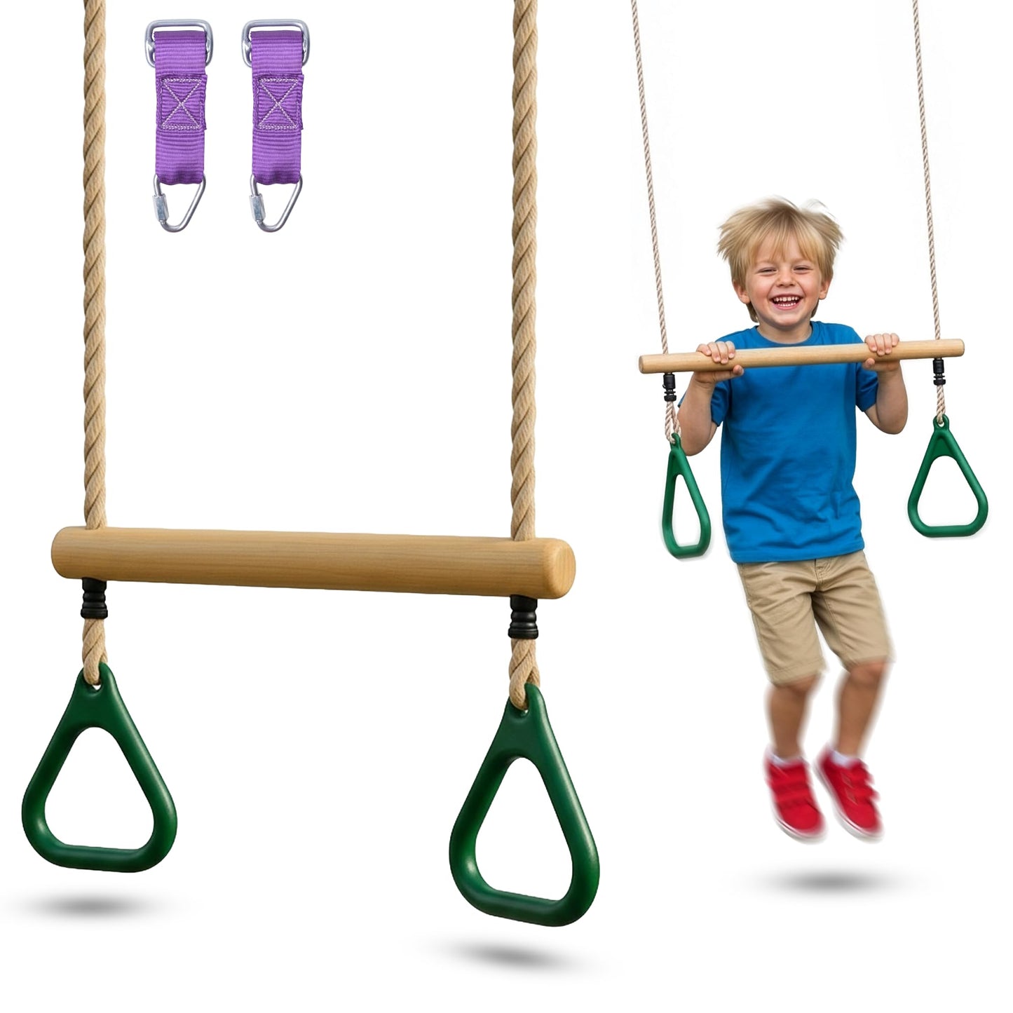Trailblaze Wooden Trapeze Swing Bar for Kids — 18 inch Adjustable Height, Monkey Bars, Rings & Jungle Gym Attachments