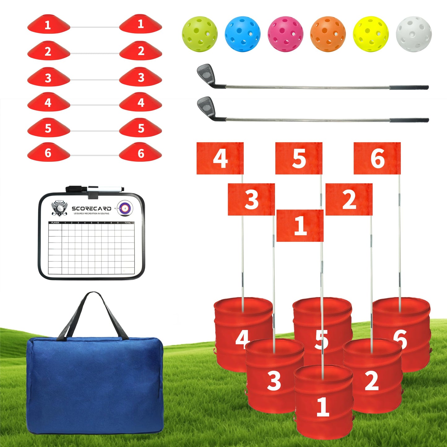 TrailMlix Golf Bucket Yard Game – 6-Hole Course with 2 Clubs, Balls & Flag