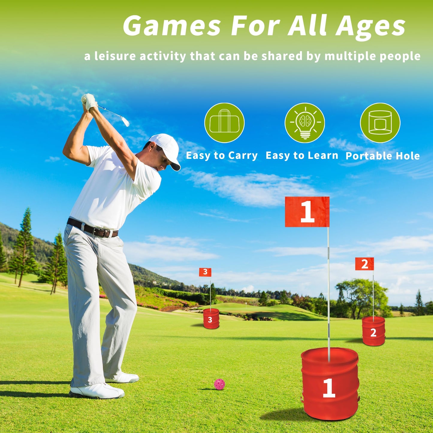 TrailMlix Golf Bucket Yard Game – 6-Hole Course with 2 Clubs, Balls & Flag