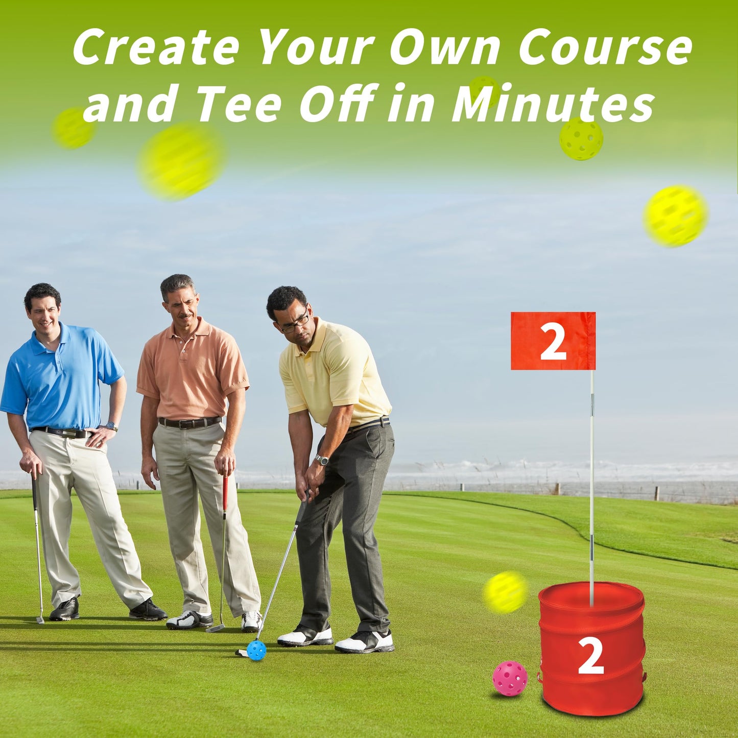 TrailMlix Golf Bucket Yard Game – 6-Hole Course with 2 Clubs, Balls & Flag