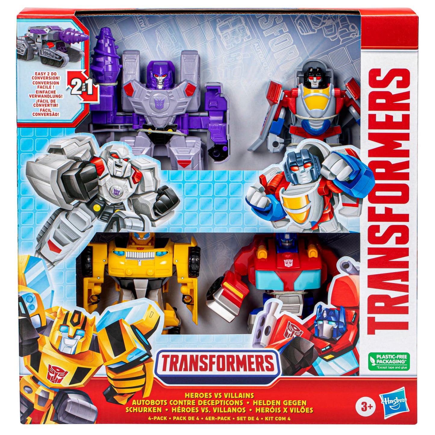 Transformers Heroes vs Villains 4-Pack – 4.5-Inch Autobot & Decepticon Action Figures | Easy 2-in-1 Play for Kids 3+