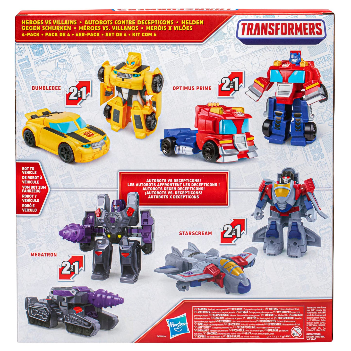 Transformers Heroes vs Villains 4-Pack – 4.5-Inch Autobot & Decepticon Action Figures | Easy 2-in-1 Play for Kids 3+