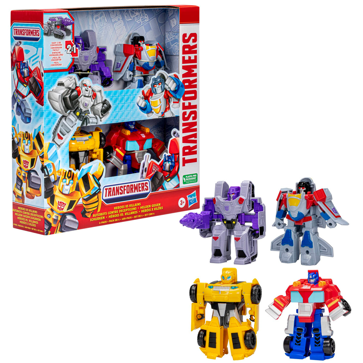 Transformers Heroes vs Villains 4-Pack – 4.5-Inch Autobot & Decepticon Action Figures | Easy 2-in-1 Play for Kids 3+