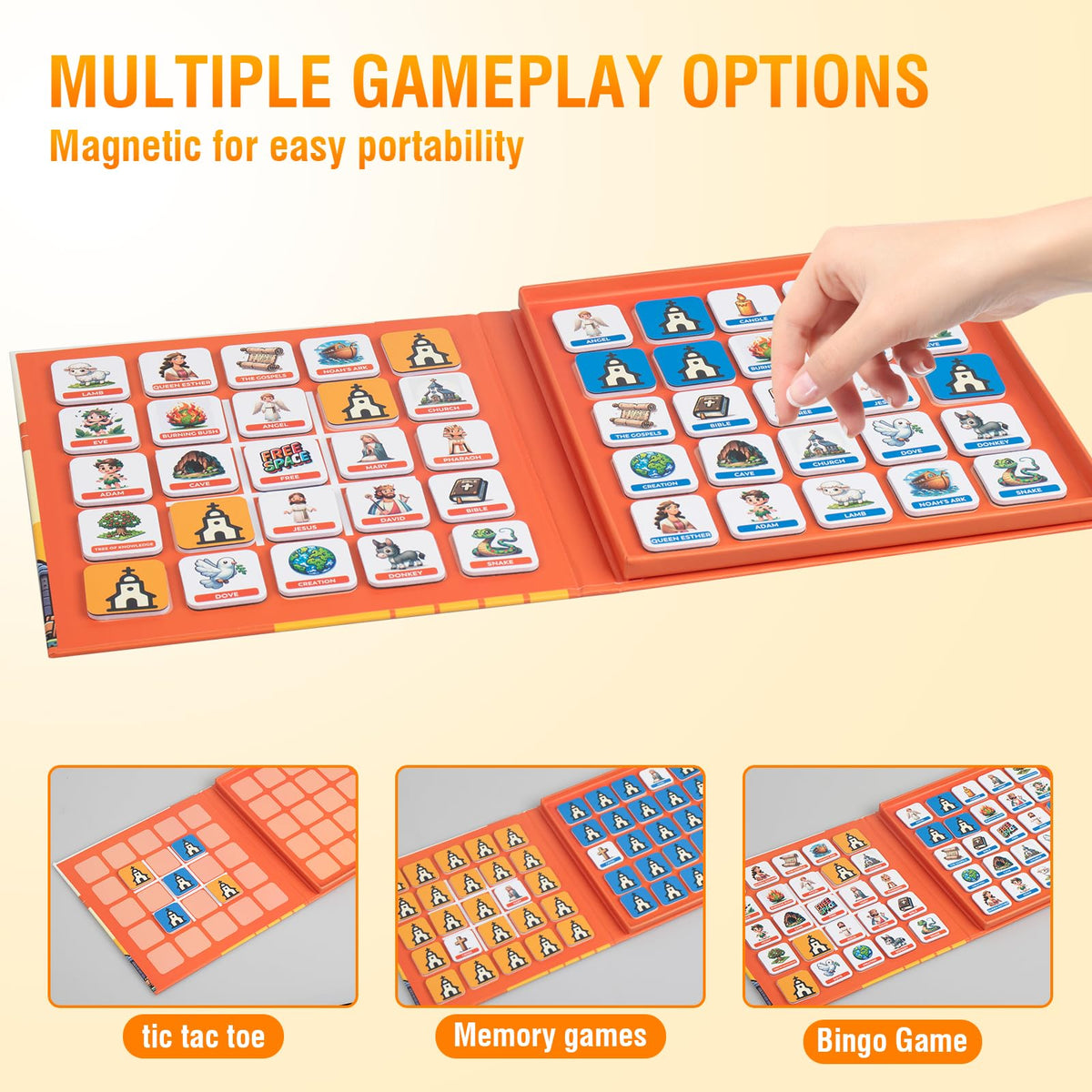 Travofun Magnetic 3-in-1 Bible Games for Kids (Ages 4-8) – Travel Bingo, Memory & Tic-Tac-Toe