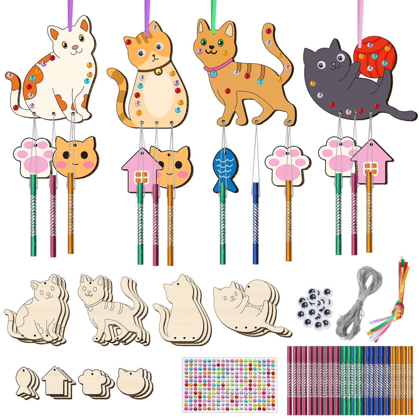 TREACLUB 12 Pack Wind Chime Kit for Kids – DIY Cat Wood Crafts