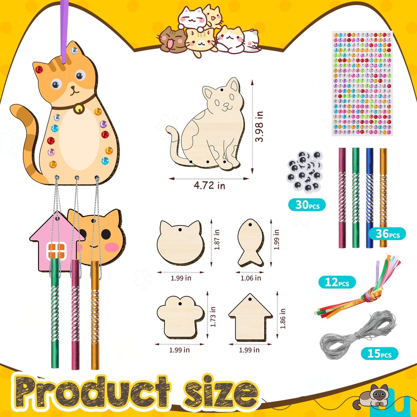 TREACLUB 12 Pack Wind Chime Kit for Kids – DIY Cat Wood Crafts