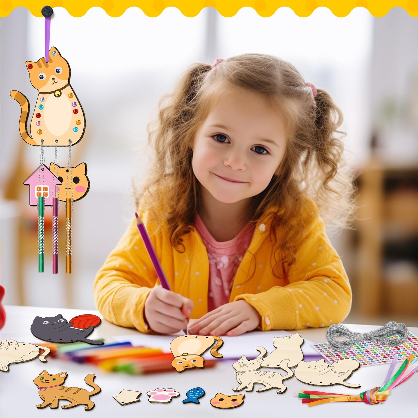 TREACLUB 12 Pack Wind Chime Kit for Kids – DIY Cat Wood Crafts