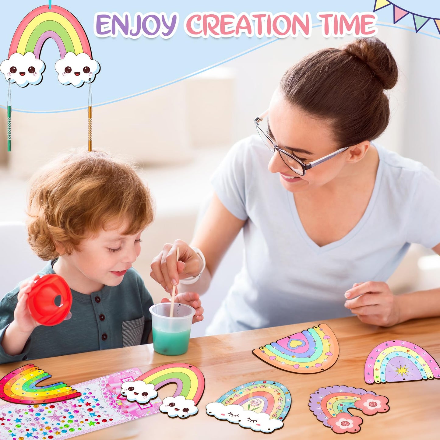 TREACLUB 12 Pack Wind Chime Kit for Kids – DIY Rainbow Wood Crafts